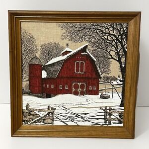 Warren Boucher Red Barn Wintery Farm Burlap Linen Framed Hand Painted 15.5" Sq